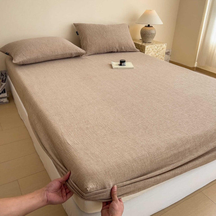 Stonewashed Linen-Blend Deep-Pocket Fitted Sheet Set with Matching Pillowcases
