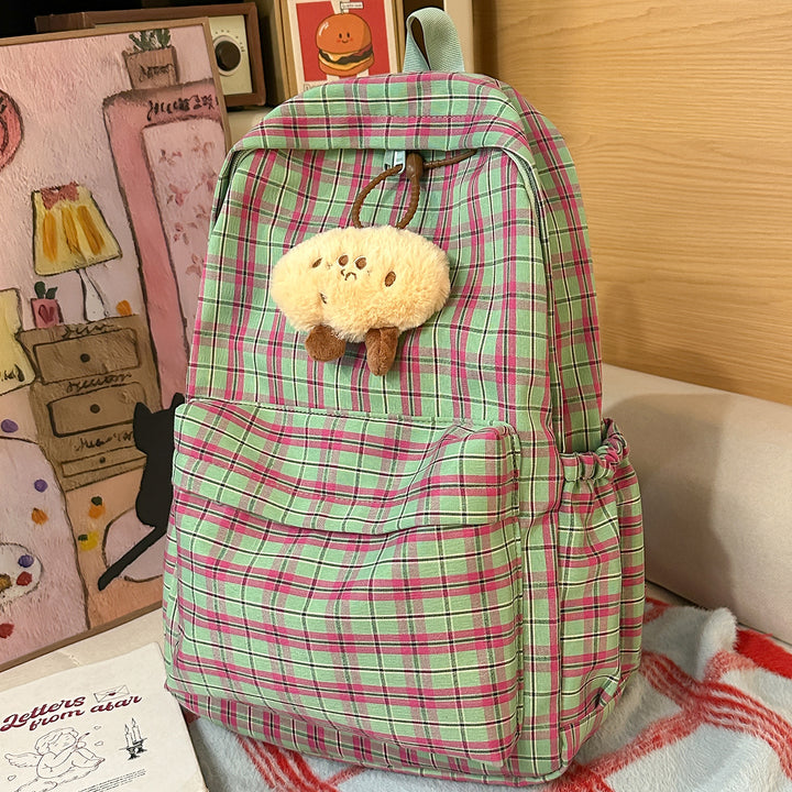 Backpack with Practical Check Pattern and Cute Plush Pendant Stornfield
