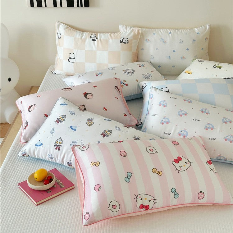 Children's pillowcase set made of cotton satin with panda print and checked design Stornfield