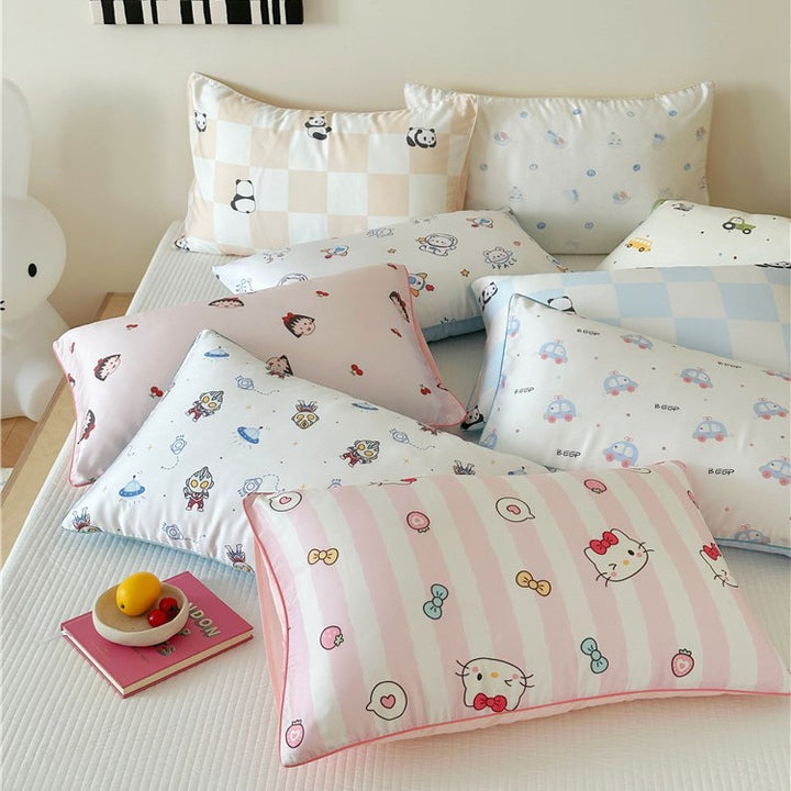 Children's pillowcase set made of cotton satin with panda print and checked design Stornfield