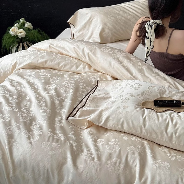 Subtle Floral Jacquard Duvet Cover Set with Piped Oxford Shams & Hidden Zipper