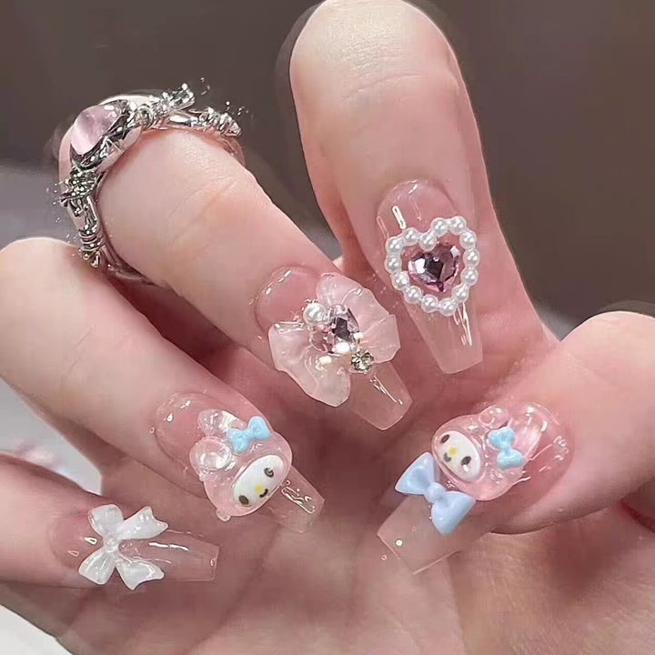 Artistic Press-On Nail Set with Floral and Glossy Accents Stornfield