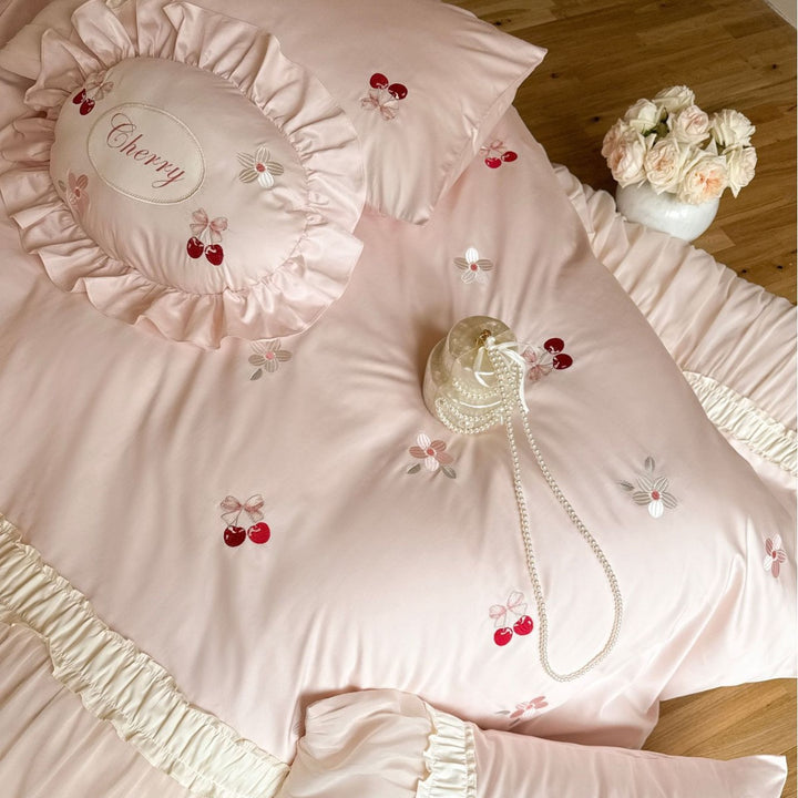 Ruffled Embroidered Cherry Cotton Sateen Duvet Cover Bedding Set with Decorative Round Throw Pillow