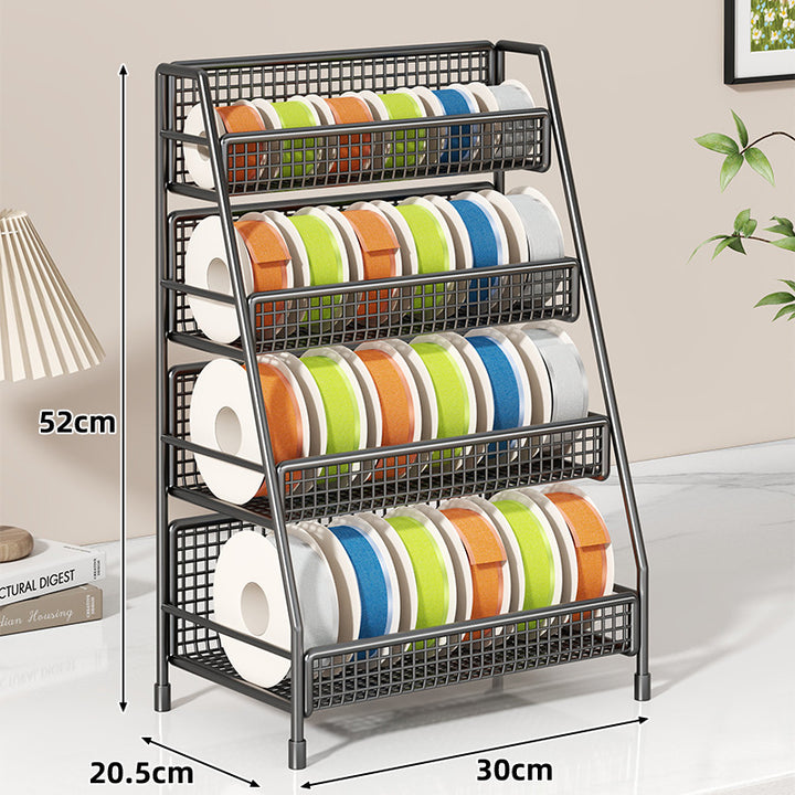 Angled Multi-Tier Spool and Tape Storage Rack with Wire Mesh Baskets