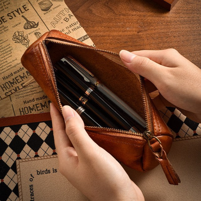Vintage Leather Zip Pencil Case