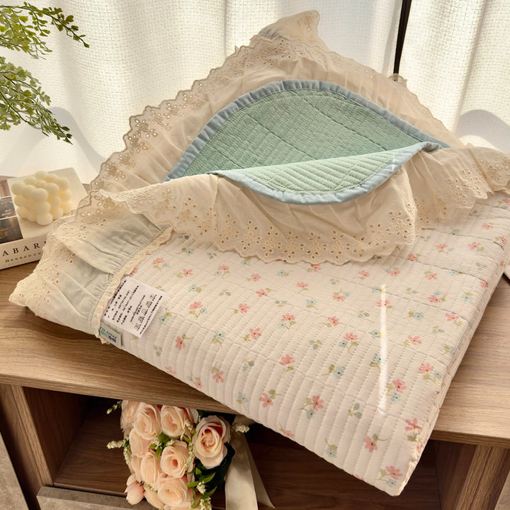Quilted Floral Reversible Throw Blanket with Eyelet Lace Ruffle