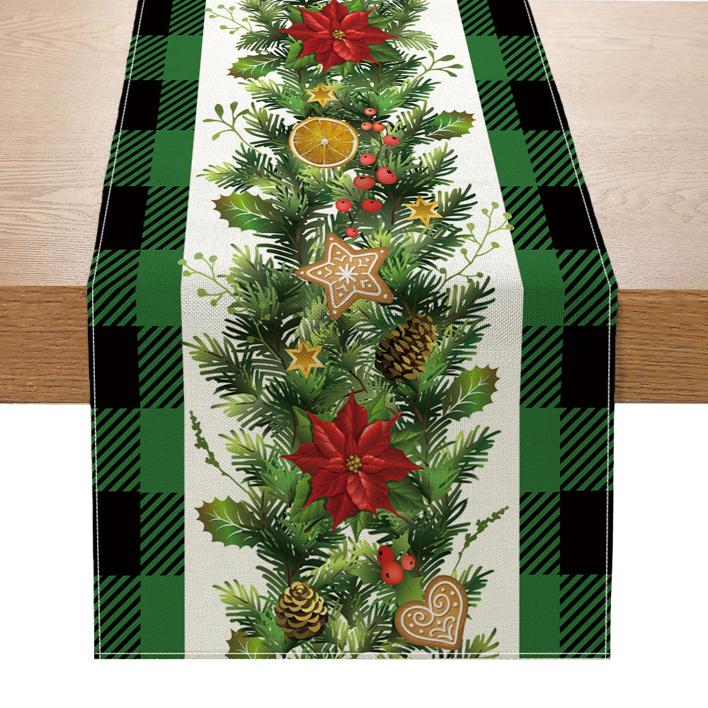Holiday Buffalo-Check Cotton-Linen Decorative Table Runner with Golden Bells Wreath and Candy Cane Motif