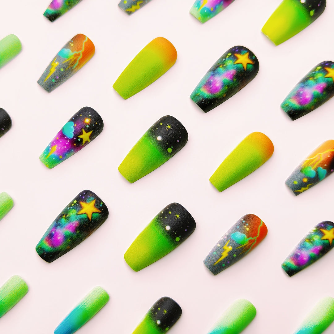 Creative acrylic nails with neon galaxy design Stornfield