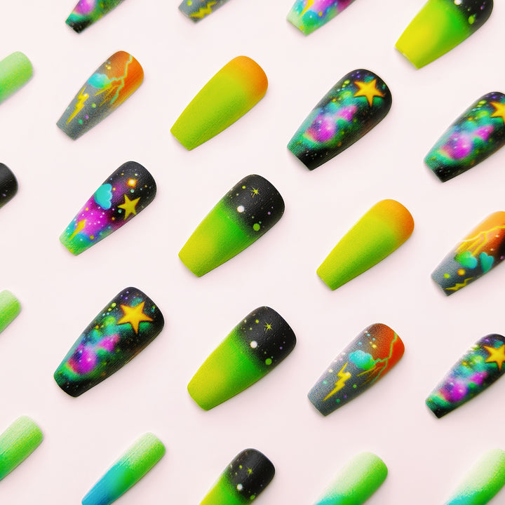Creative acrylic nails with neon galaxy design Stornfield