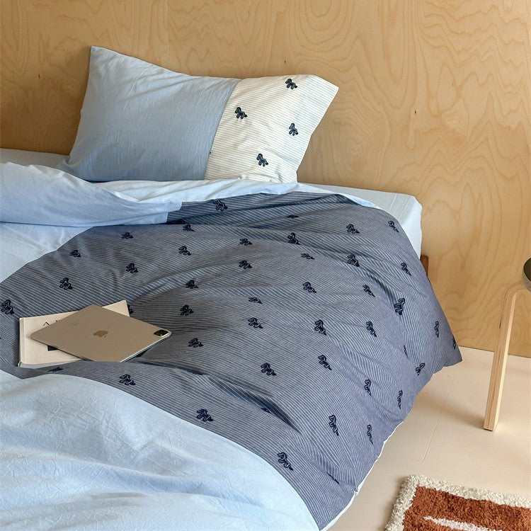 Bed linen - bedding set made of cotton with fine stripe and animal embroidery motif Stornfield