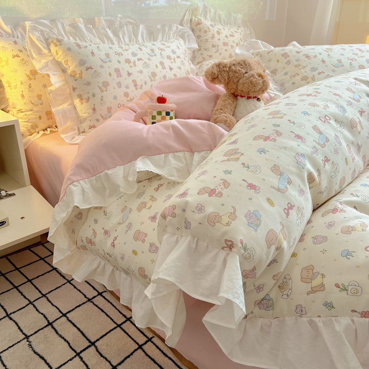 Ruffled Frilled Cotton Cartoon Animal Duvet Cover & Pillow Sham Set