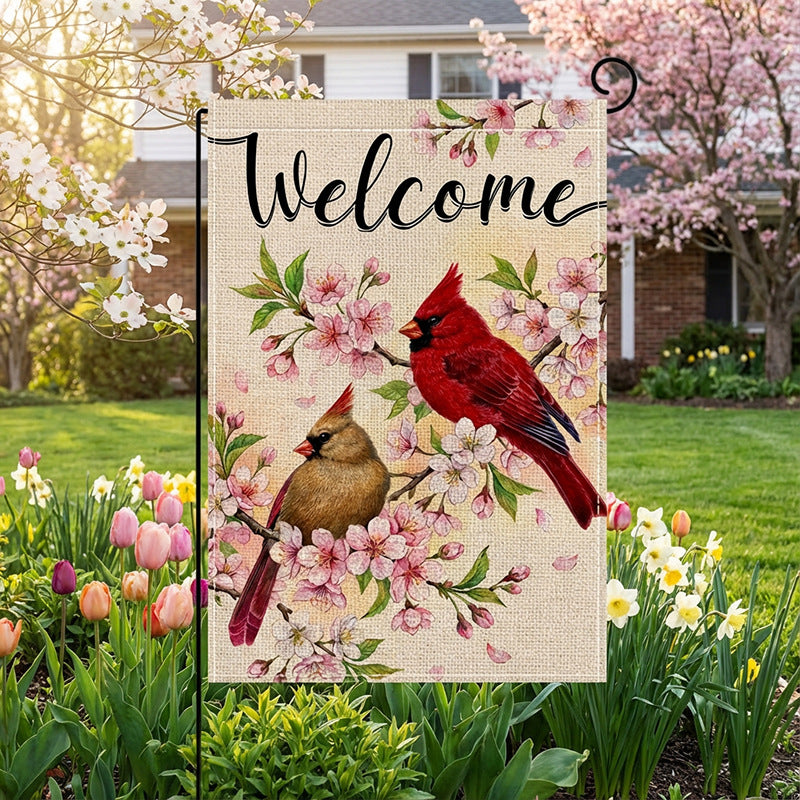 Outdoor Decorative Garden Flag Linen-Blend Welcome Poppy Design with Pole Sleeve