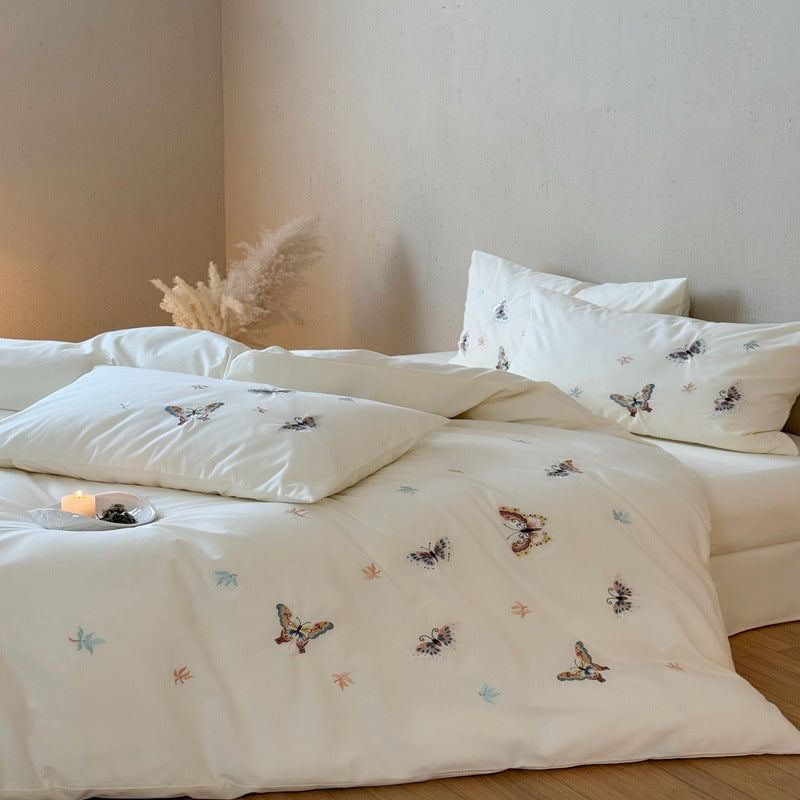 Embroidered Butterfly Cotton Sateen Duvet Cover and Pillowcase Set