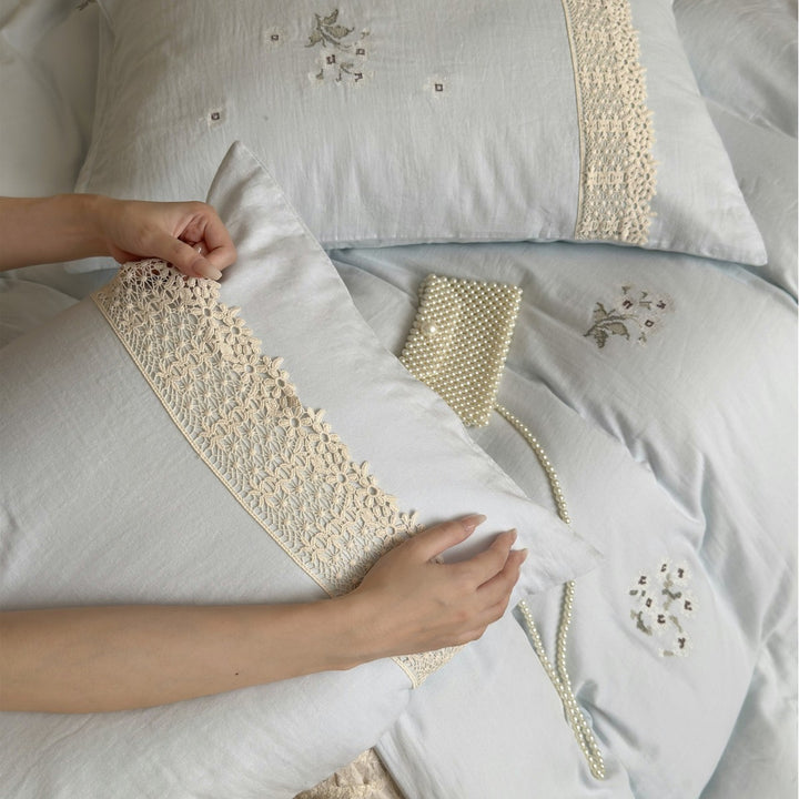 Embroidered Cotton-Linen Duvet Cover Set with Crochet Lace Trim & Pillow Shams