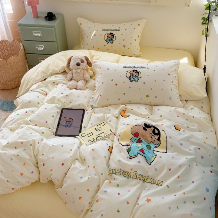 Children's Novelty Cartoon Embroidered Duvet Cover Set with Star Print