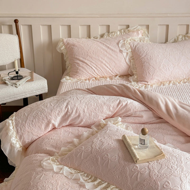 Quilted Jacquard Duvet Cover Set with Lace Ruffle and Decorative Pillow Shams