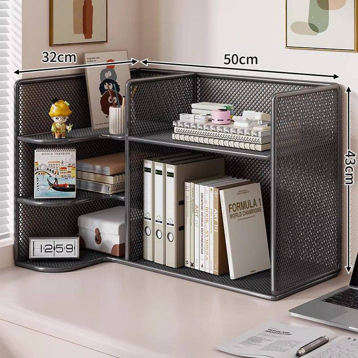 Mesh Corner Desktop Organizer Shelf with Multi-Compartment Tiers and Vertical File Slots