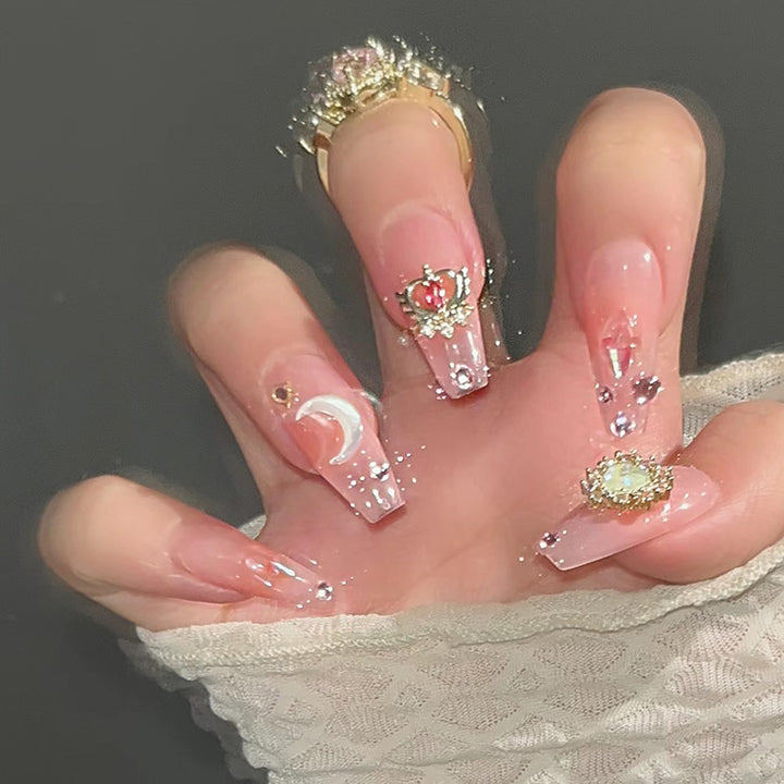 Artistic Press-On Nail Tips with Gemstone and Moon Accents Stornfield