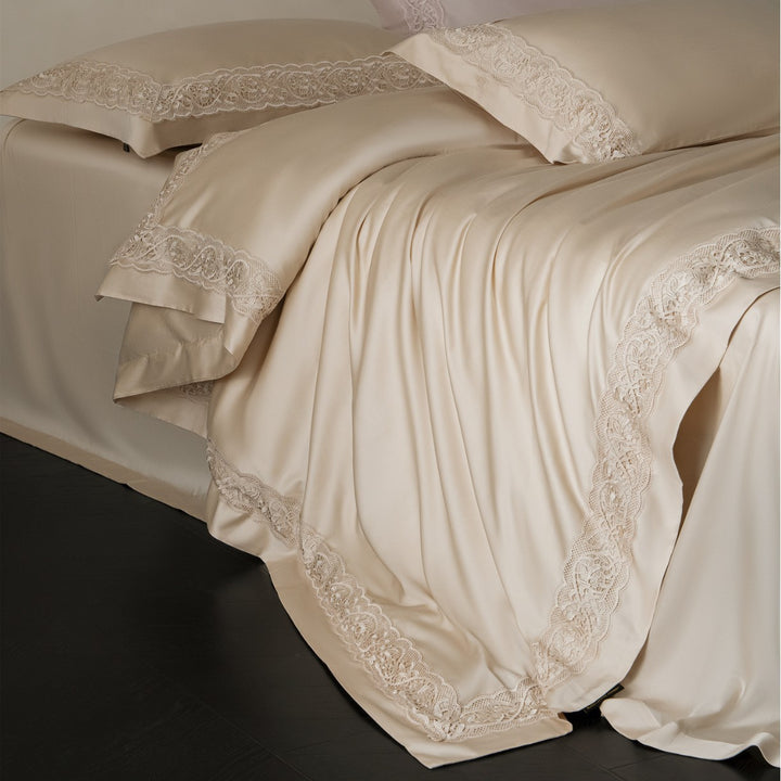 Silky Charmeuse Lace-Trim Duvet Cover Set with Concealed Closure and Matching Shams