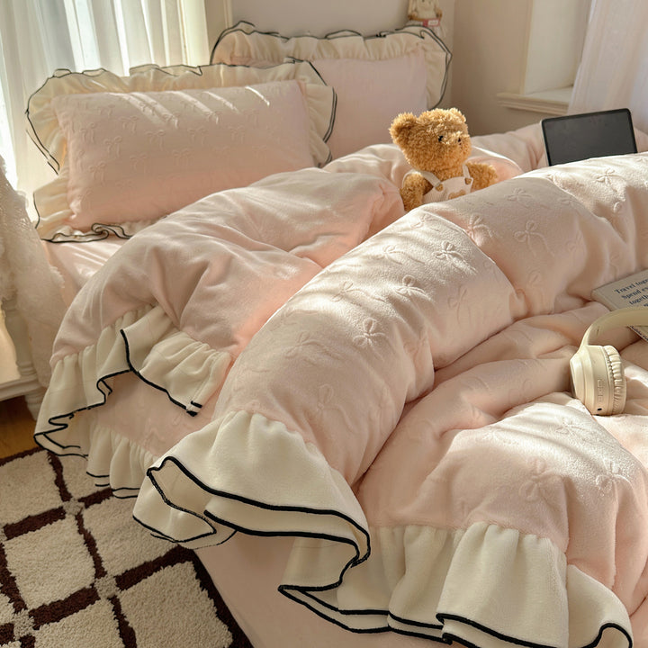 Plush Jacquard Quilted Duvet Comforter with Ruffle Trim and Contrast Piping