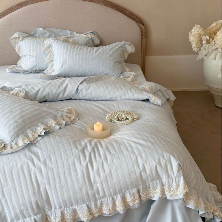 Ruffled Lace-Trim Cotton Sateen Striped Duvet Cover Set