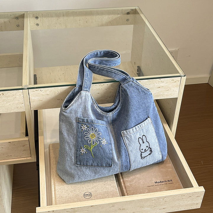 Artistic Embroidered Denim Handbag