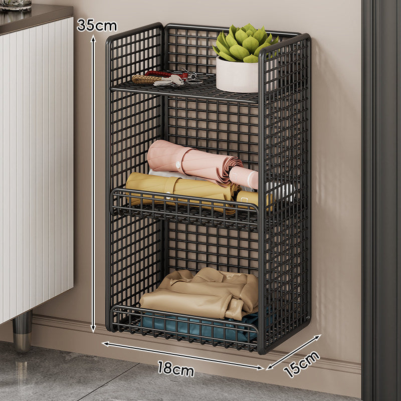 Wall-Mounted Mesh Entryway Organizer with Three-Tier Shelves and Side Umbrella Rack