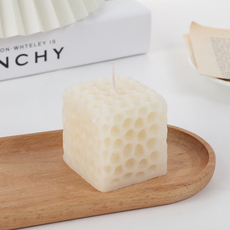 Hand-Poured Honeycomb-Textured Cube Tabletop Candle