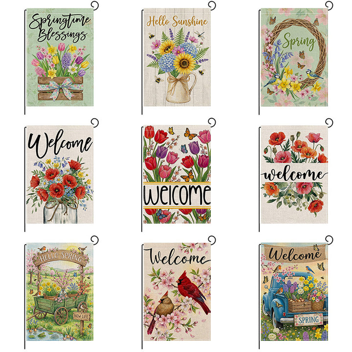 Outdoor Decorative Garden Flag Linen-Blend Welcome Poppy Design with Pole Sleeve