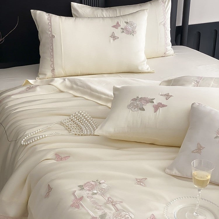Elegant satin bedding set with rose and butterfly embroidery