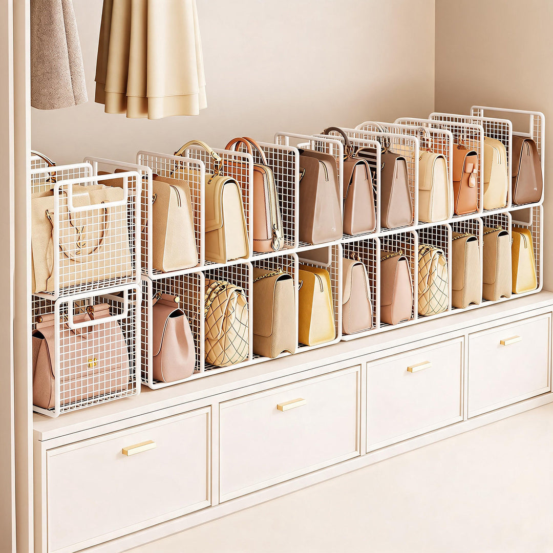 Metal Grid Handbag and Purse Organizer Rack with Vertical Dividers