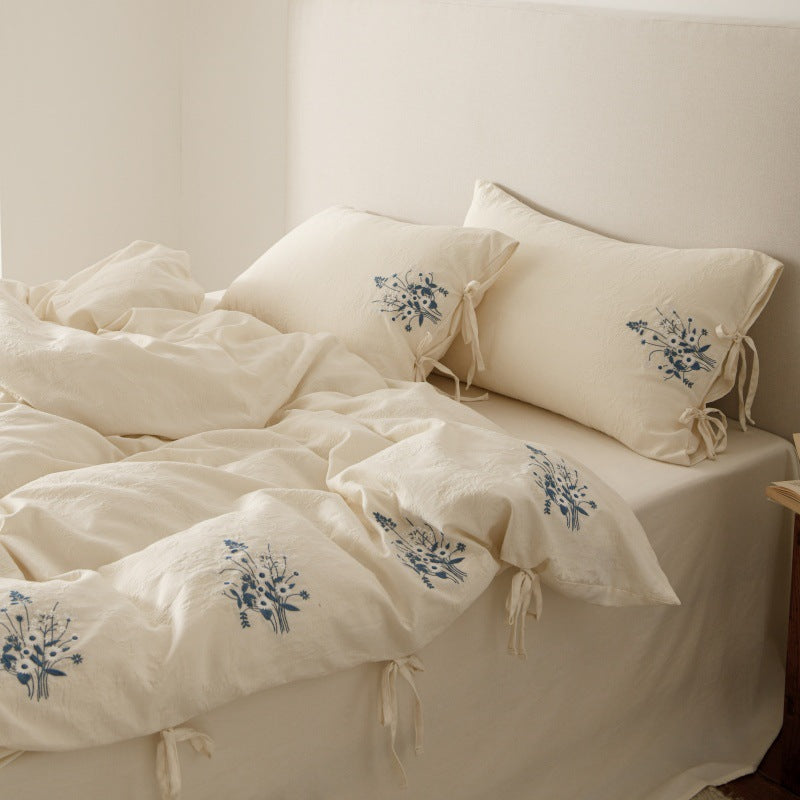 Cotton-Linen Embroidered Duvet Cover Set with Tie-Closure Pillowcases
