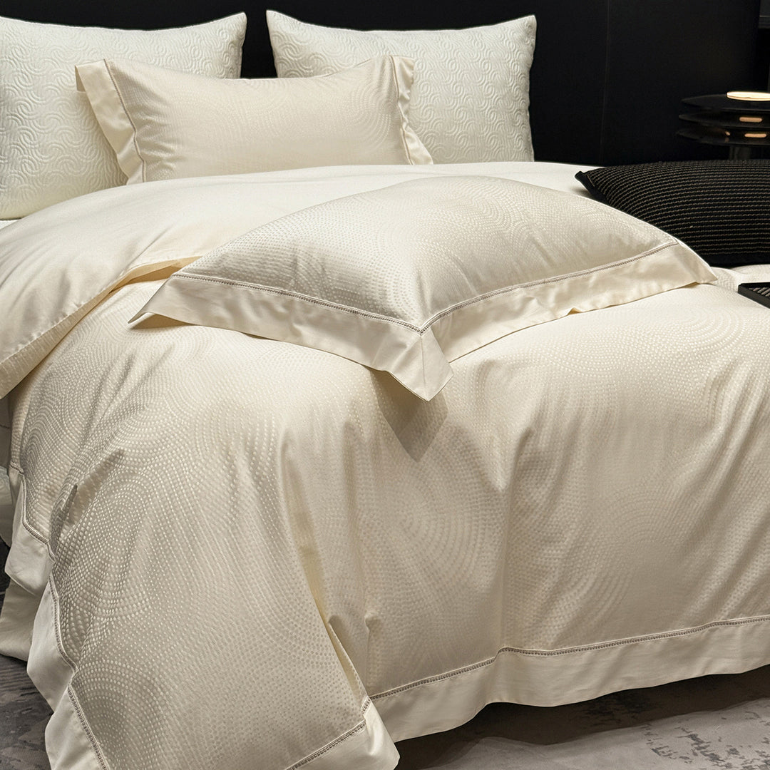 Textured Jacquard Cotton Sateen Duvet Cover Set with Satin-Finish Border and Quilted Euro Shams