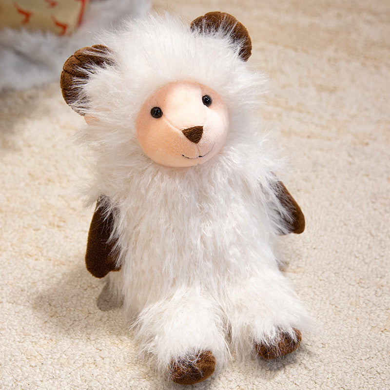 Plush Fluffy Ram-Inspired Teddy with Long Faux-Fur Coat and Embroidered Face Stornfield