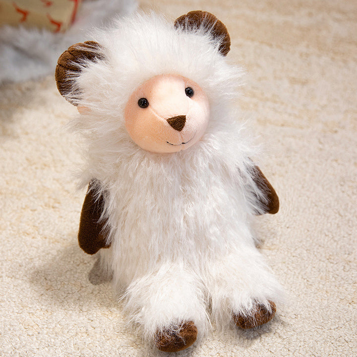 Plush Fluffy Ram-Inspired Teddy with Long Faux-Fur Coat and Embroidered Face Stornfield