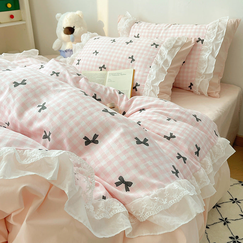 Gingham Cotton Duvet Cover Set with Black Bow Print and Ruffled Lace Sham