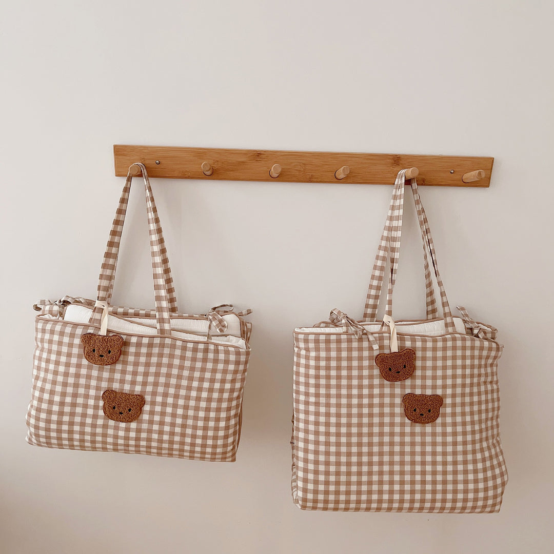 Hanging Nursery Storage Organizer Bags with Gingham Pattern and Bunny Appliqué Wall Pockets