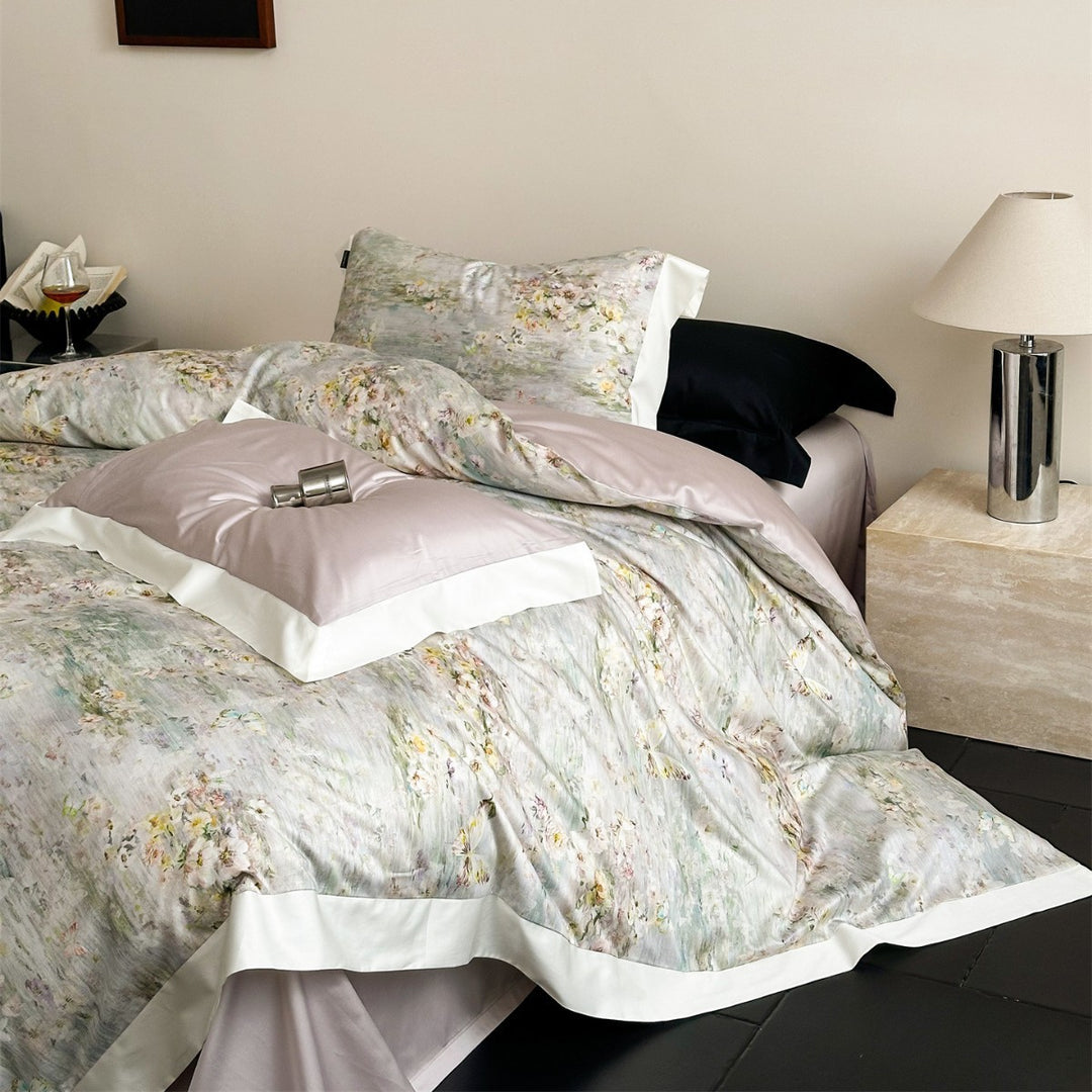 Reversible Watercolor Floral Sateen Duvet Cover Set with Satin Trim