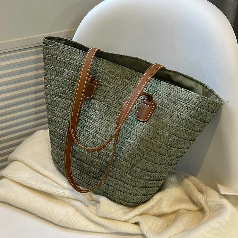 Elegant and Spacious Straw Bag with Leather Handles Stornfield