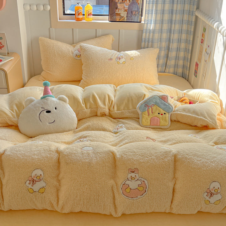 Plush Sherpa Reversible Comforter and Pillowcase Set with Kawaii Embroidered Motif