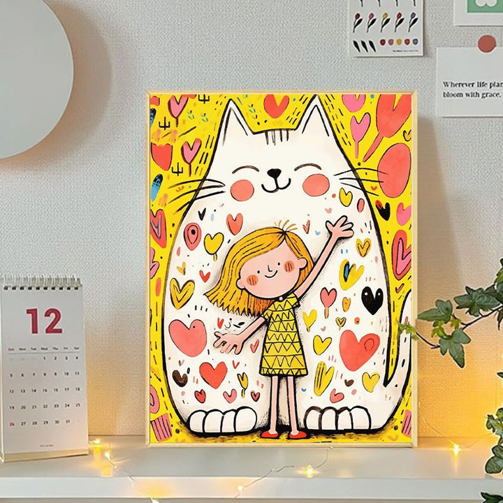 Playful Cat and Girl Illustration Canvas Art Stornfield