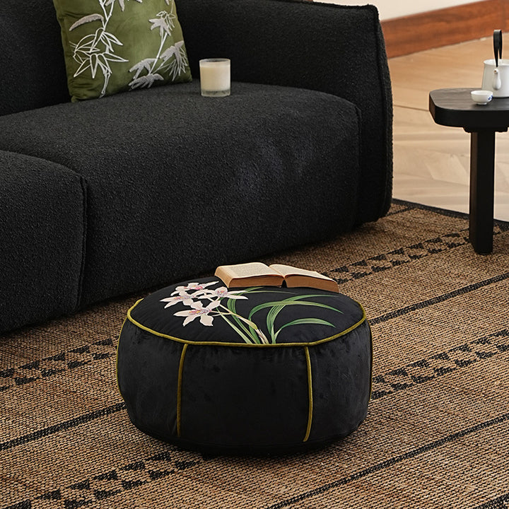 round floor sitting pouf with butterfly motif and sturdy canvas cover Stornfield