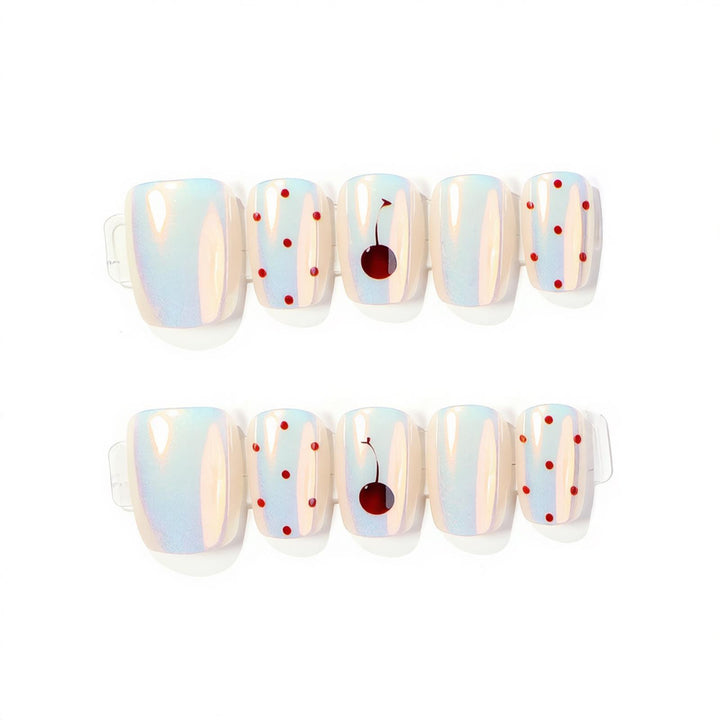Artistic Press-On Nail Art Set with Cherry and Polka Dot Design Stornfield