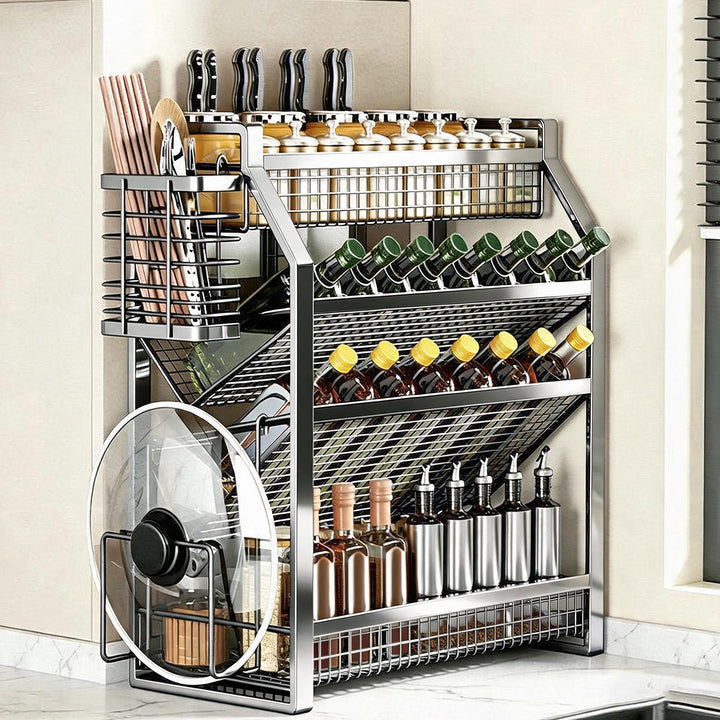 Three-Tier Mesh Countertop Kitchen Organizer Rack for Bottles and Spices