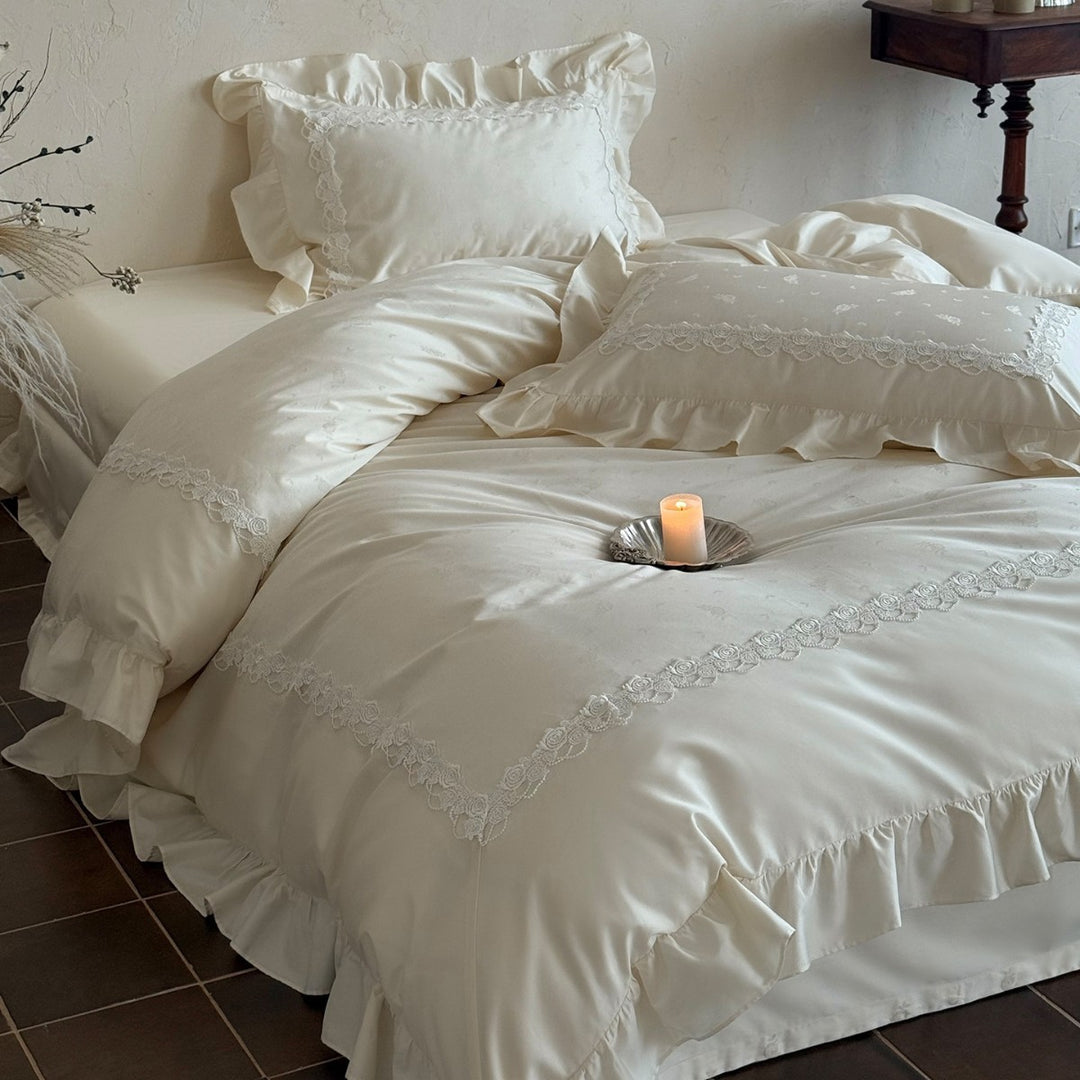 Ruffled Satin-Feel Duvet Cover Set with Delicate Rose Lace Border and Frilled Pillow Shams