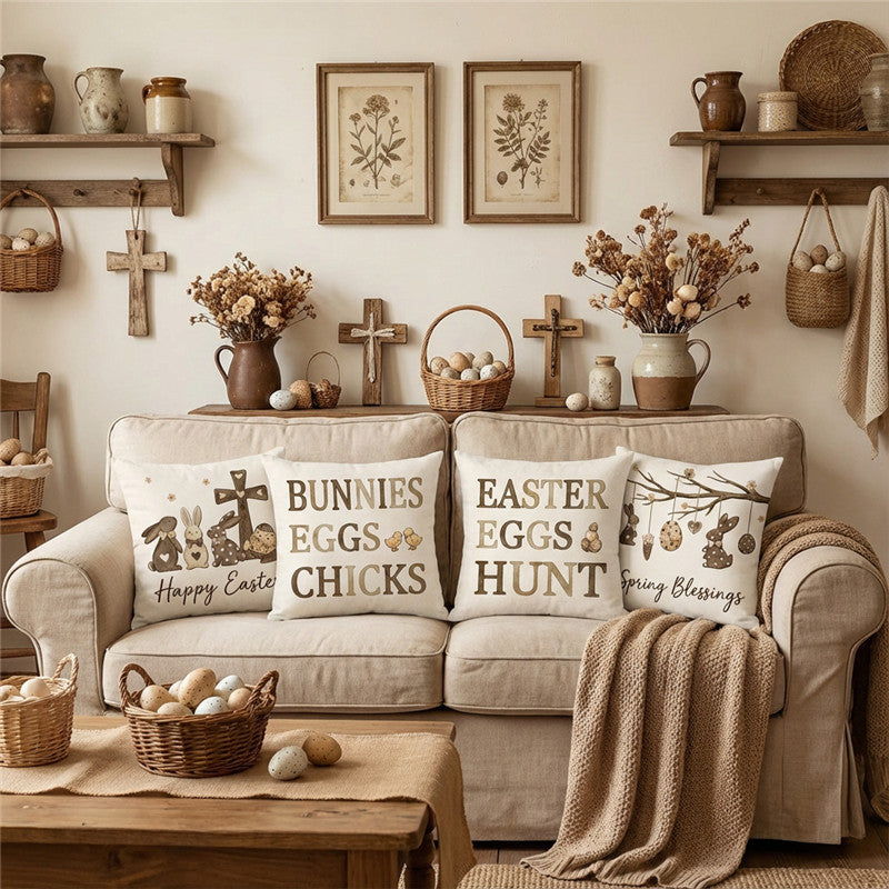 Linen-Blend Square Accent Pillow Cover with Large Easter 'Eggs Hunt' Printed Typography and Decorative Egg Motif