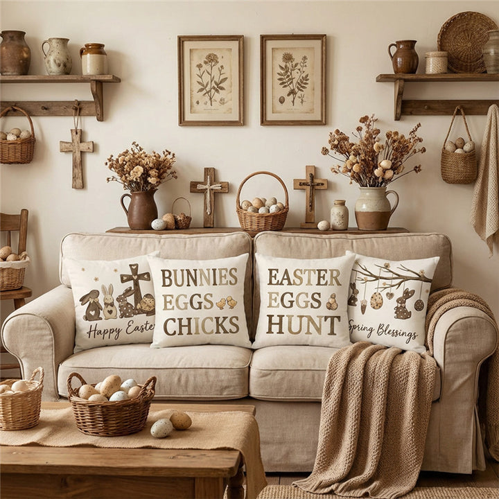 Linen-Blend Square Accent Pillow Cover with Large Easter 'Eggs Hunt' Printed Typography and Decorative Egg Motif