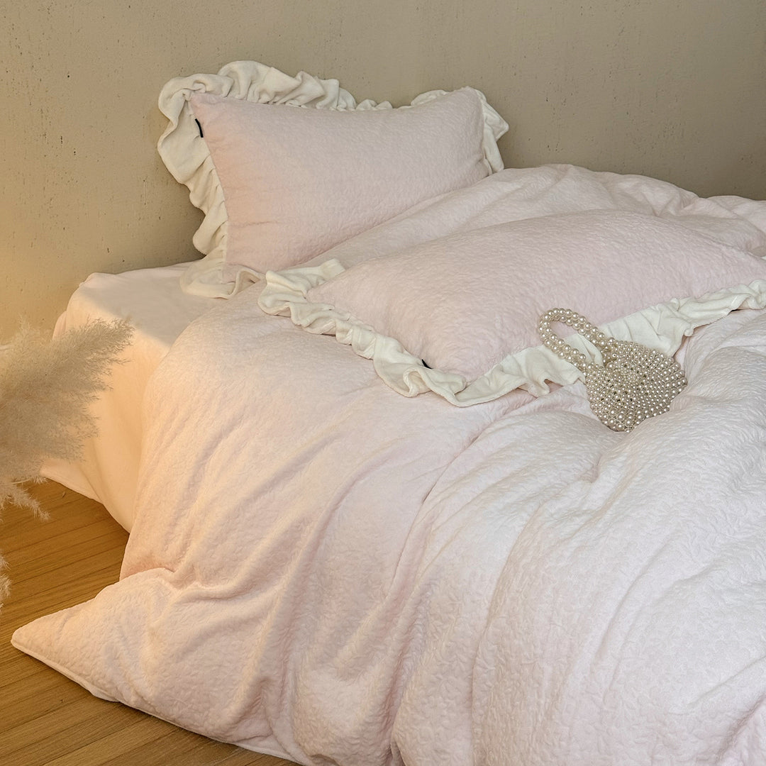 Quilted Floral-Embossed Cotton Duvet Cover Set with Ruffle-Trim Pillow Shams & Reversible Lightweight Layer