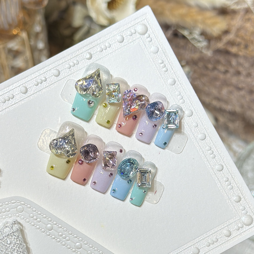 Artistic Press-On Nail Set with Gemstone Embellishments Stornfield