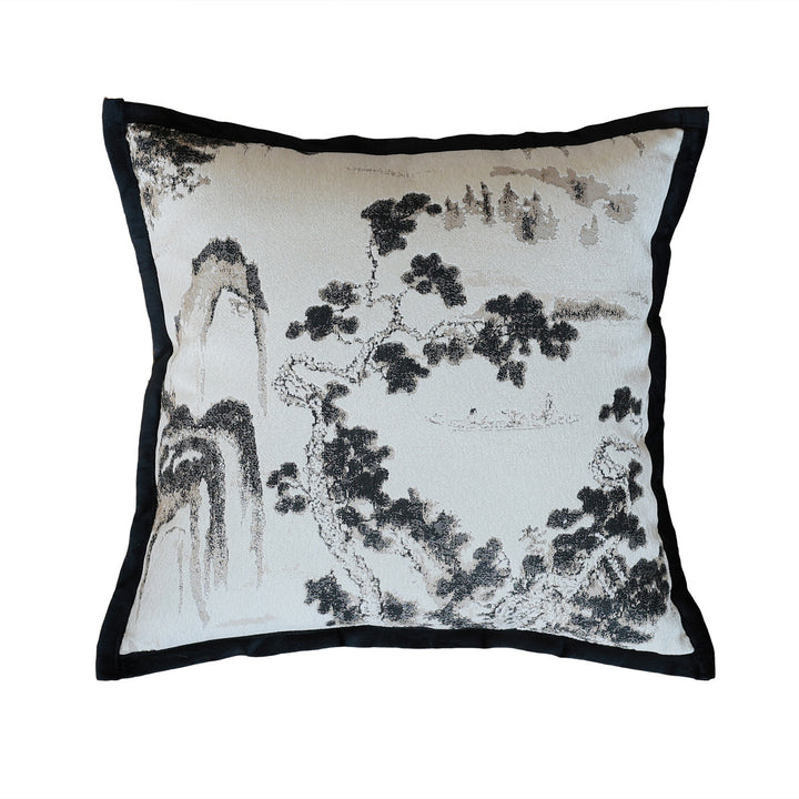 Elegant decorative pillow with intricate landscape illustration
